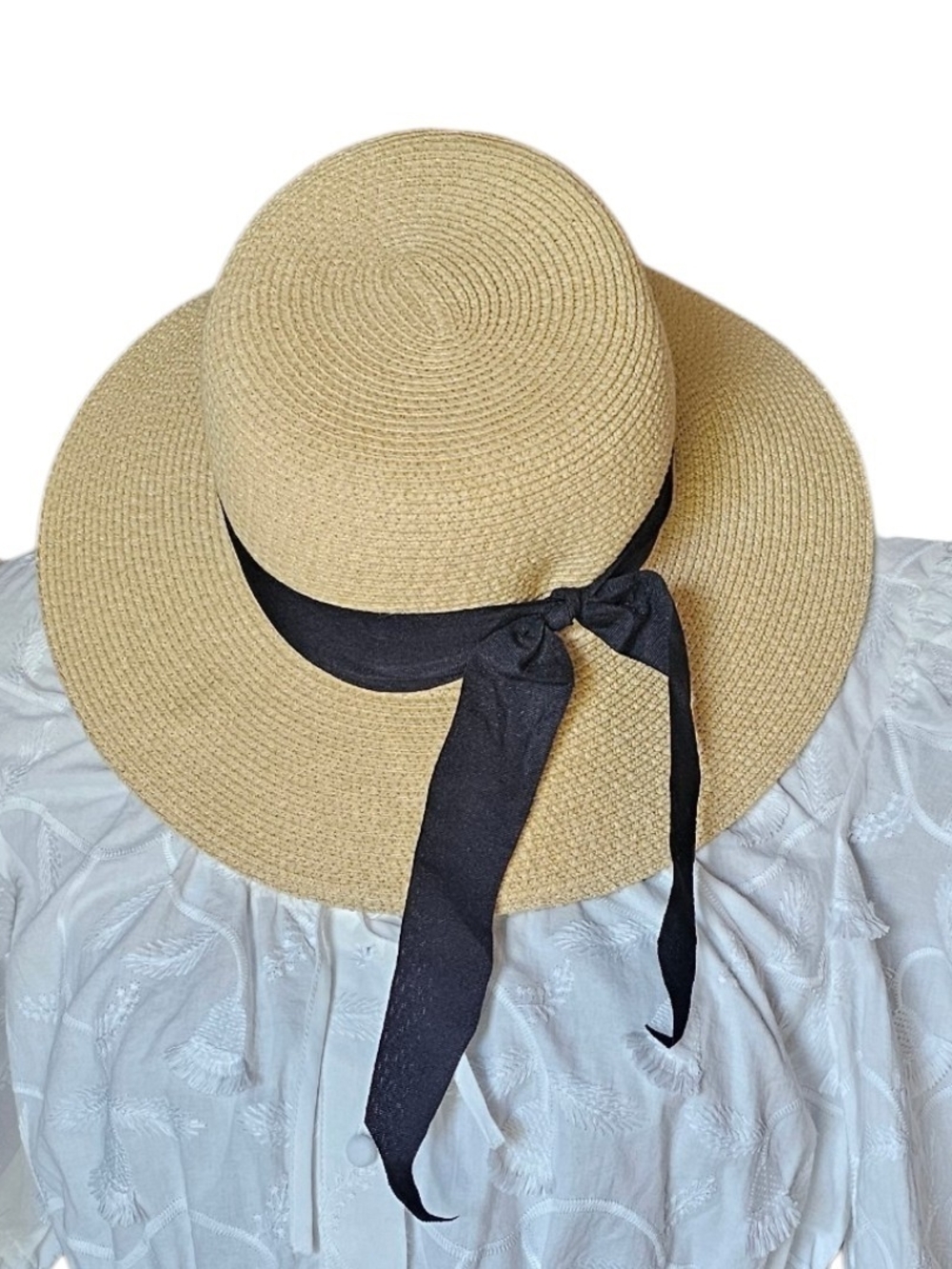 FURTALK Straw Sun Hat Black Ribbon Cottagecore Coastal Grandmother Medium
